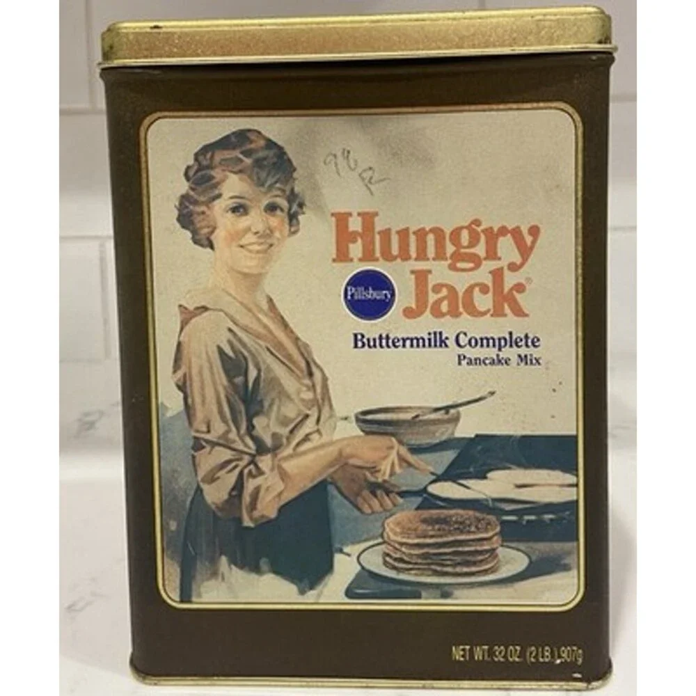 Vintage 1980's Pillsbury Hungry Jack Buttermilk Pancake 32 oz Tin Kids onBack